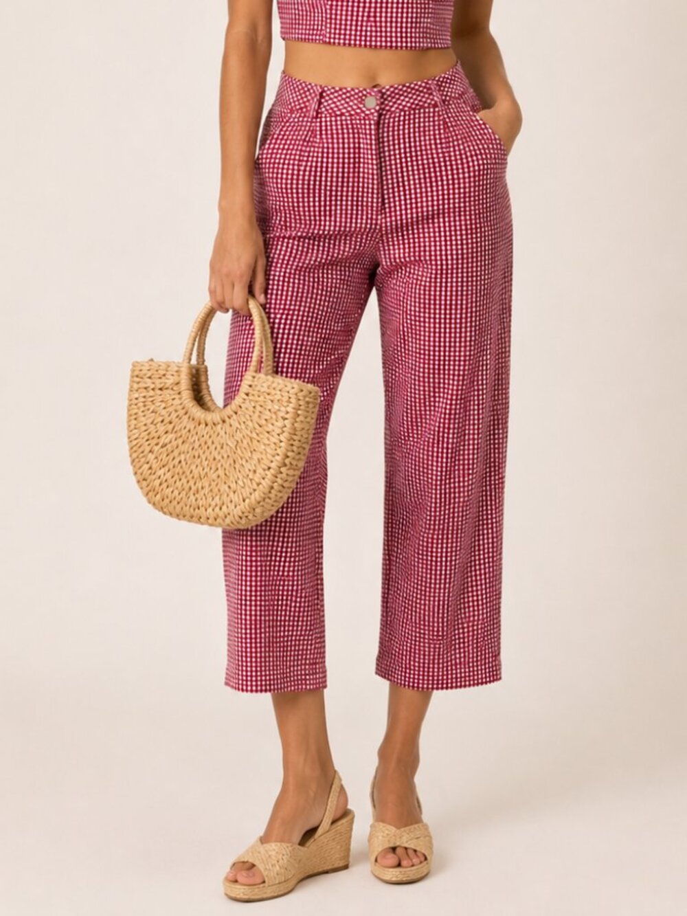 Kate Hill Red Gingham Cropped Wide-Leg Pants
